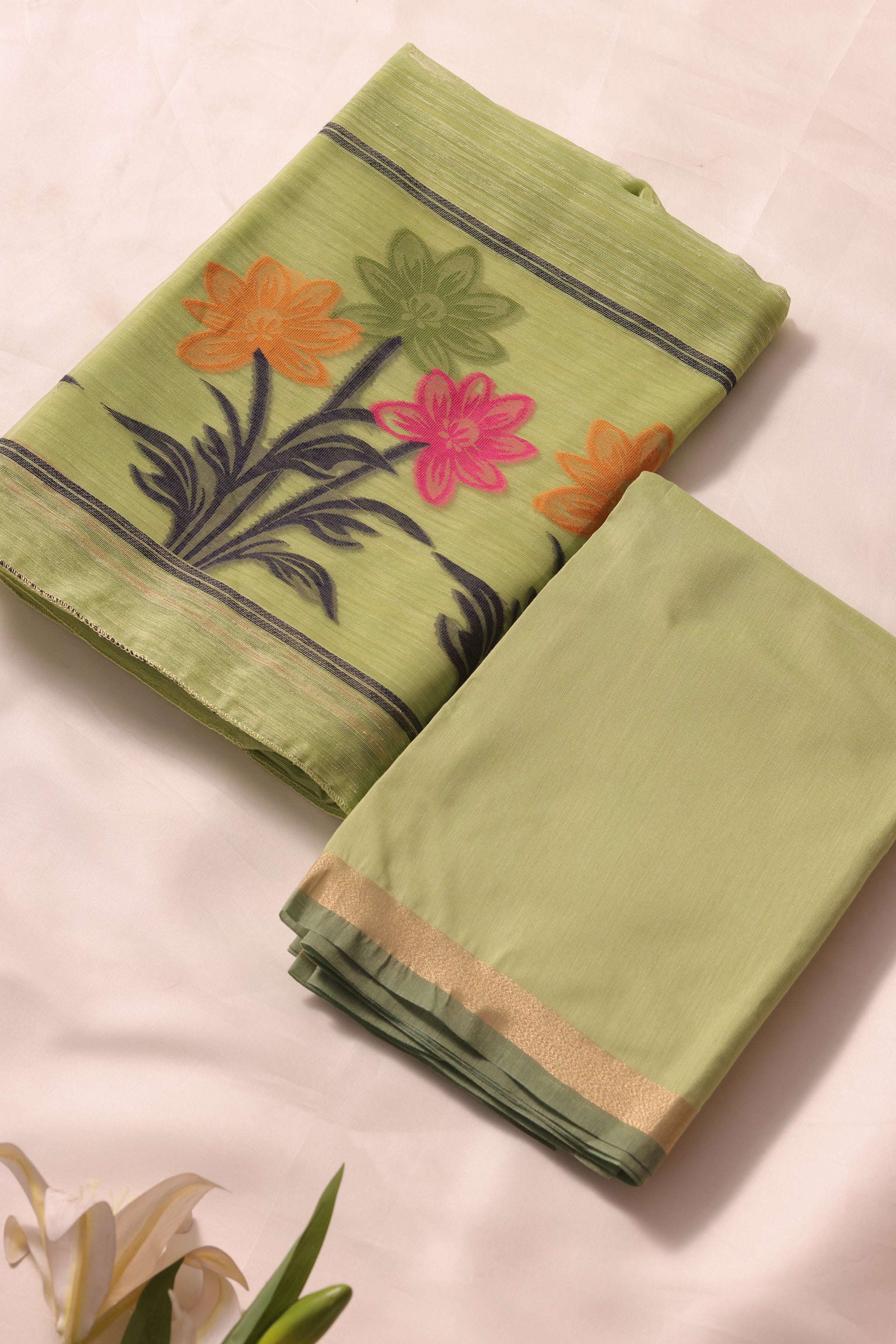 Floris Pista Green Muga Silk Unstitched Suit Set