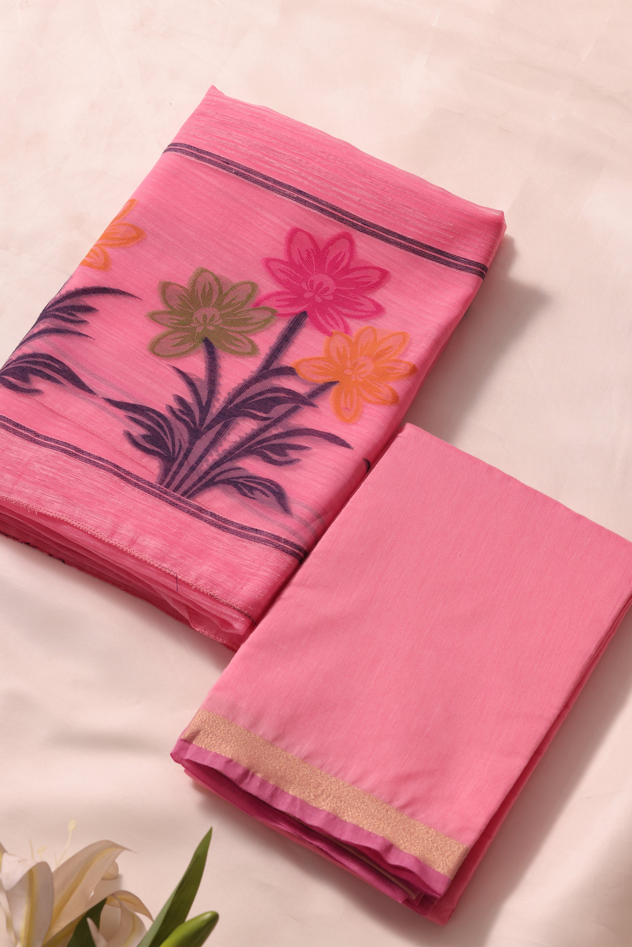 Floris Pink Muga Silk Unstitched Suit Set