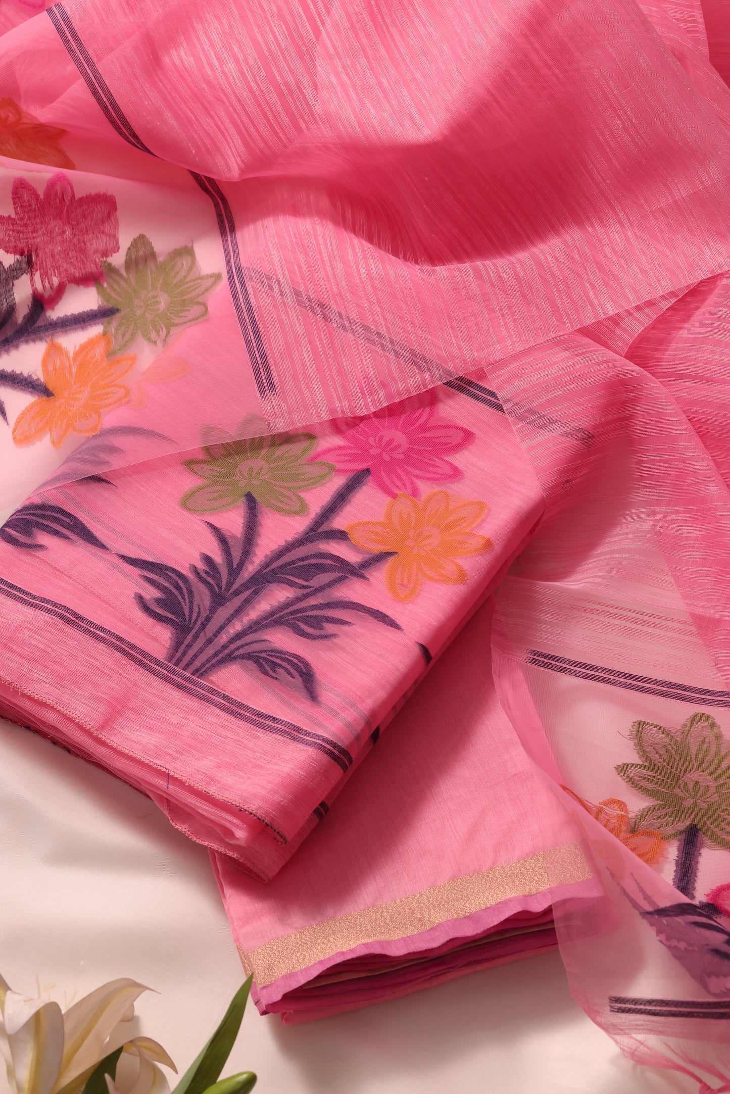 Floris Pink Muga Silk Unstitched Suit Set