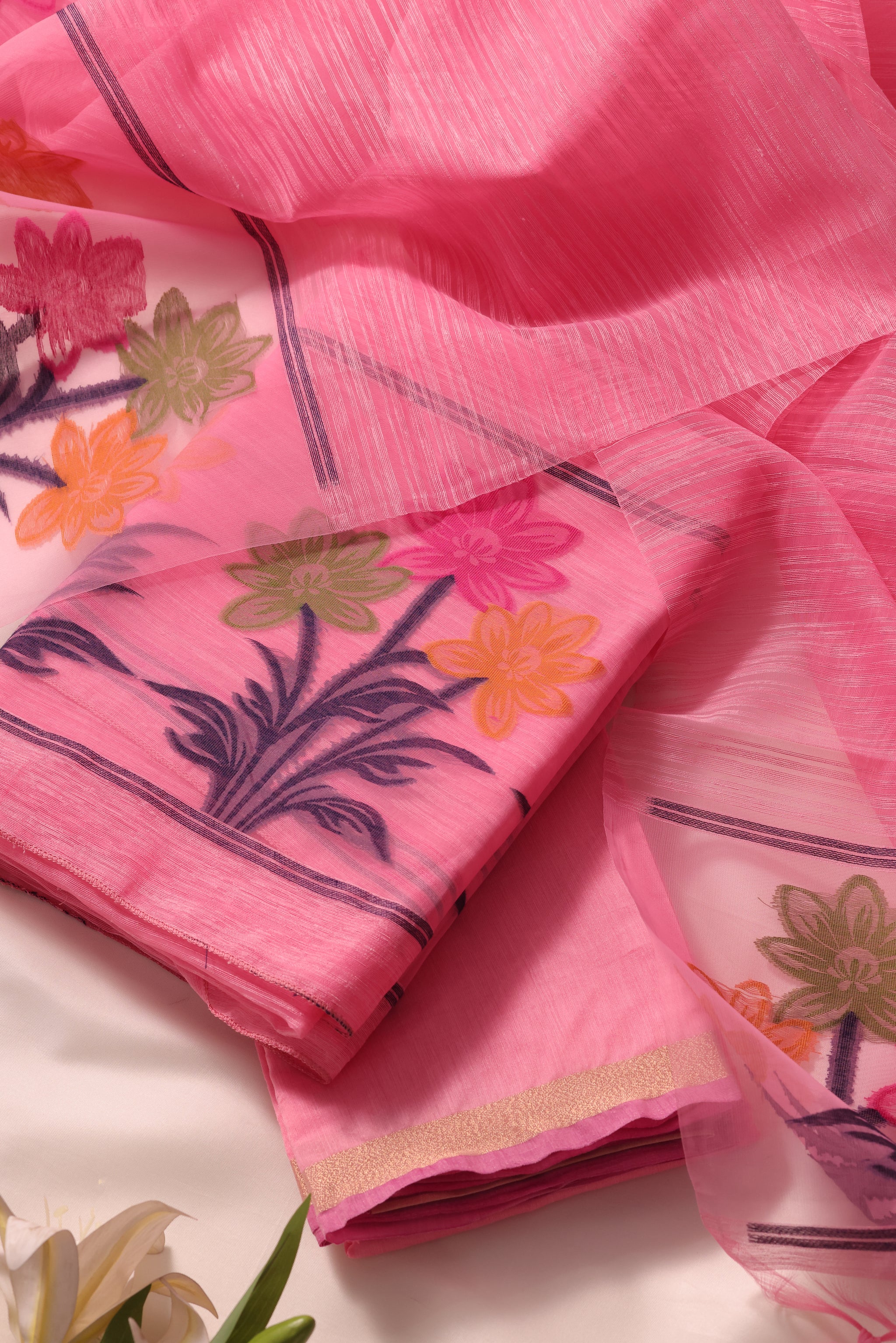 Floris Pink Muga Silk Unstitched Suit Set
