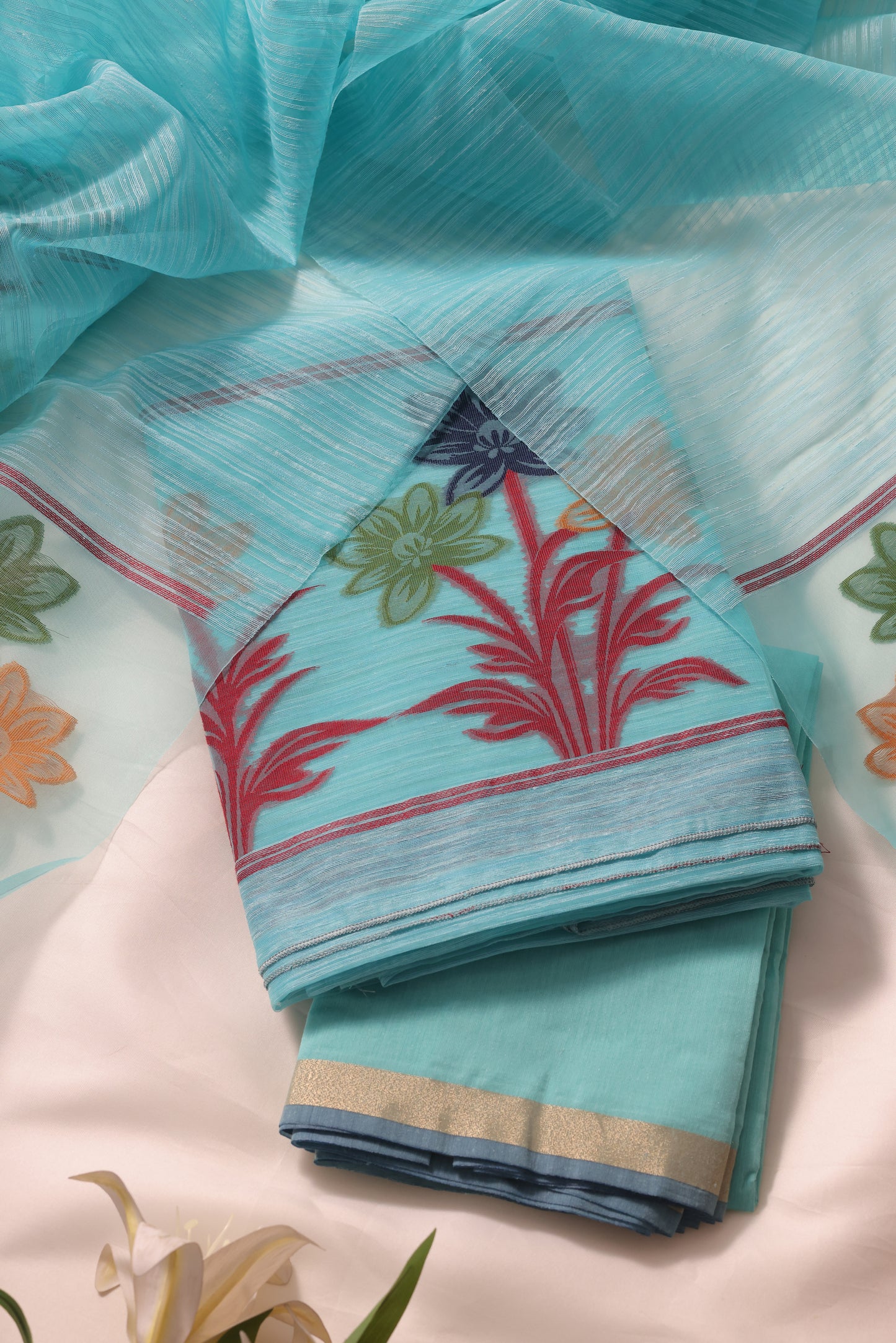 Floris Sky Blue Muga Silk Unstitched Suit Set