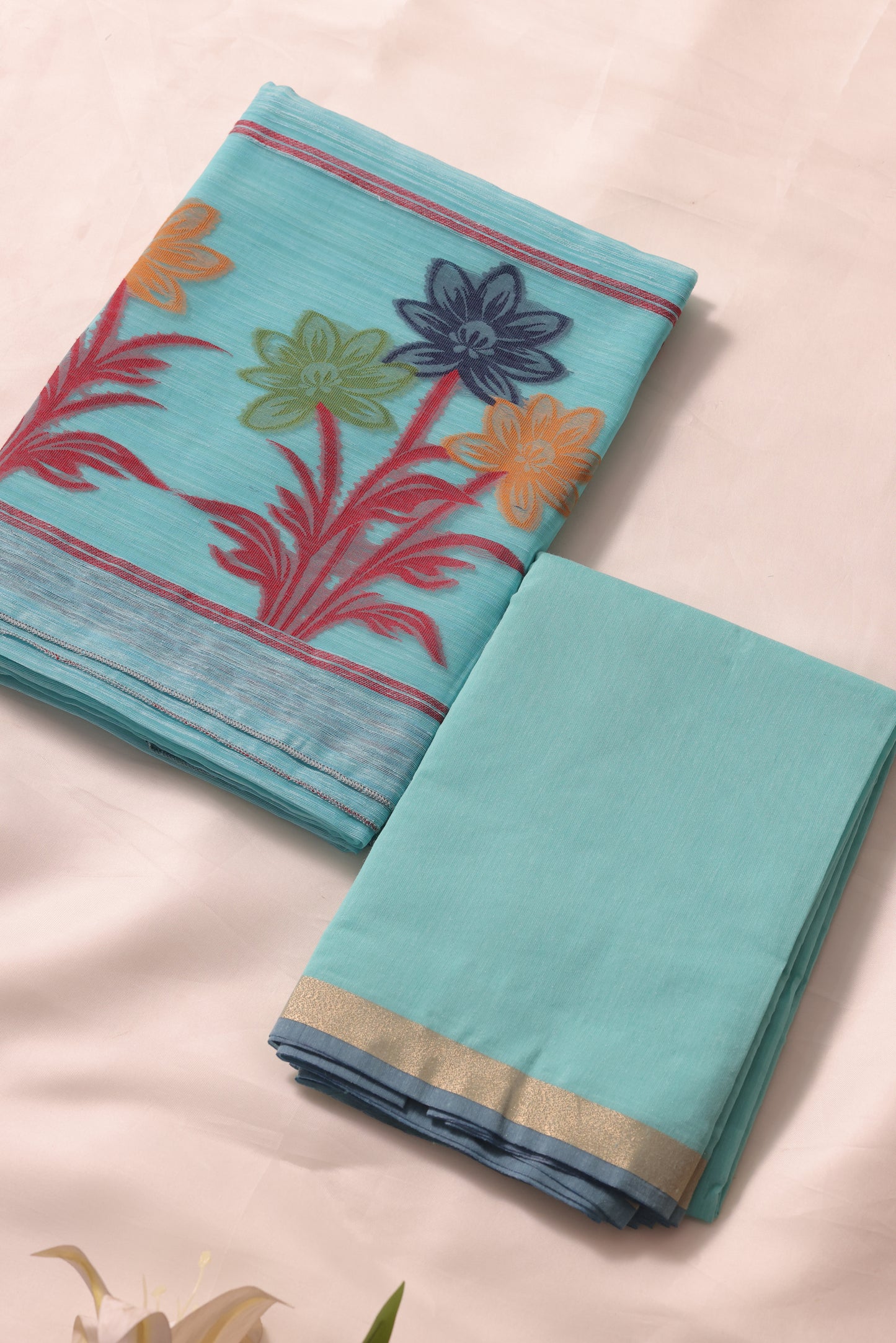 Floris Sky Blue Muga Silk Unstitched Suit Set