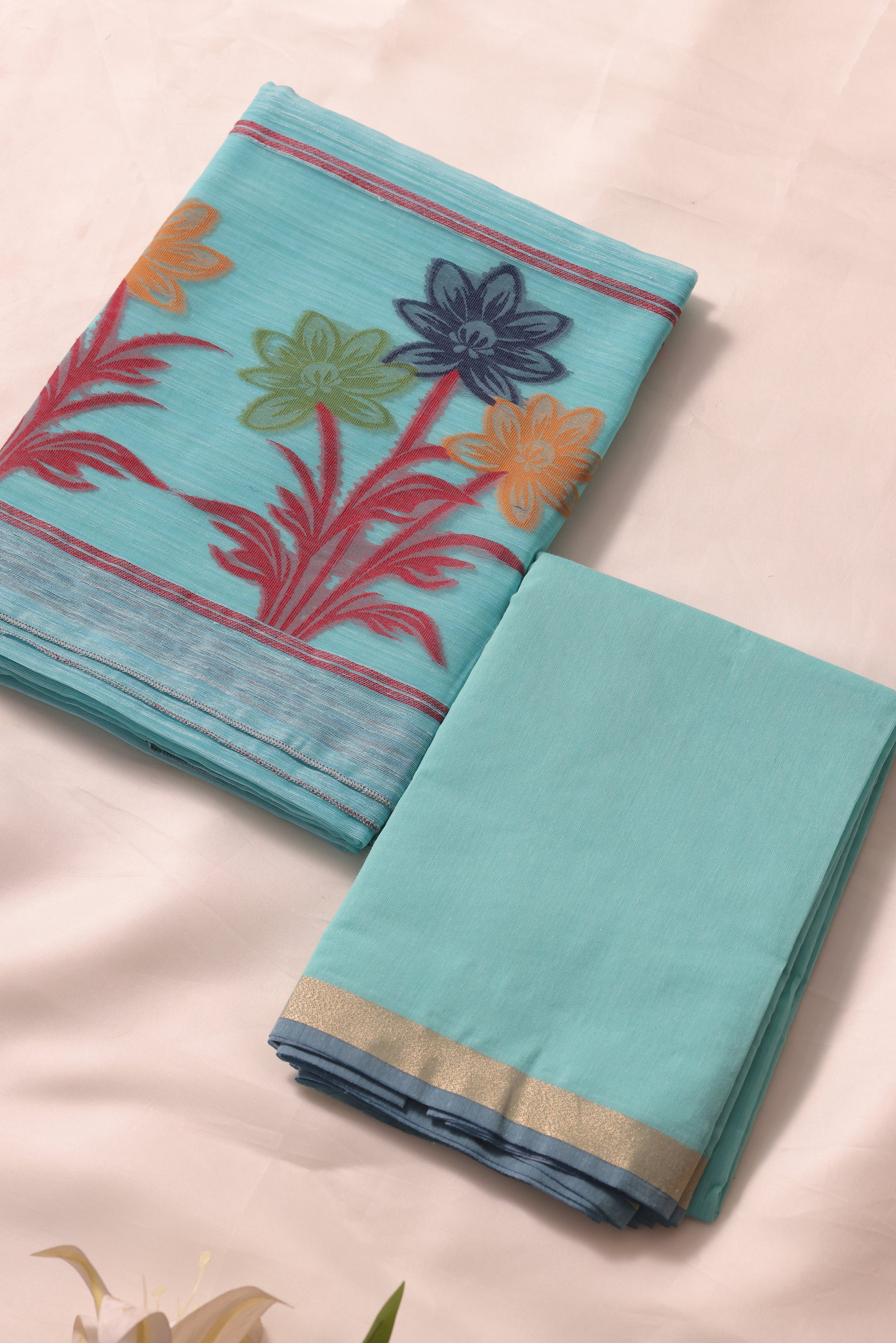 Floris Sky Blue Muga Silk Unstitched Suit Set