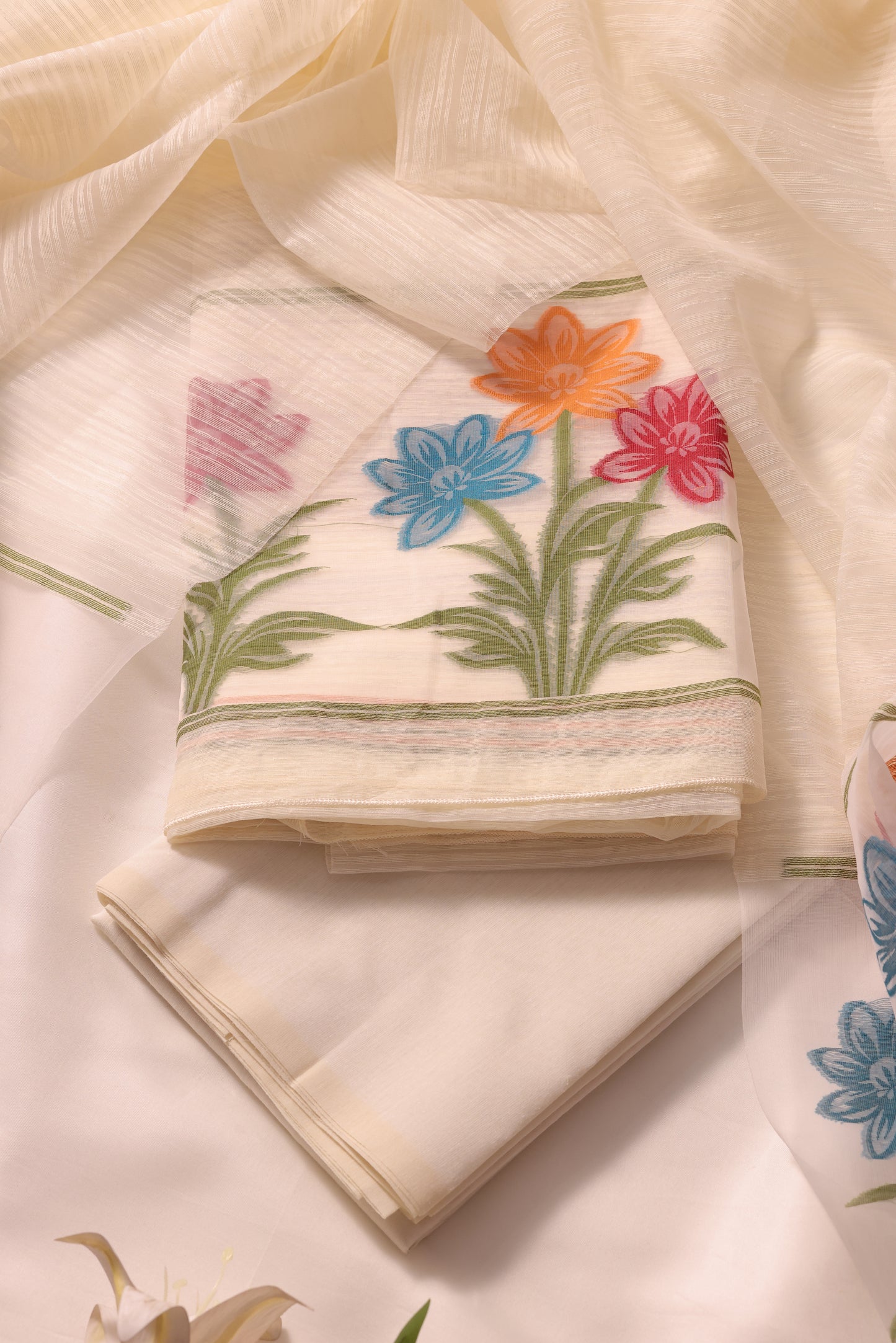 Floris White Muga Silk Unstitched Suit Set