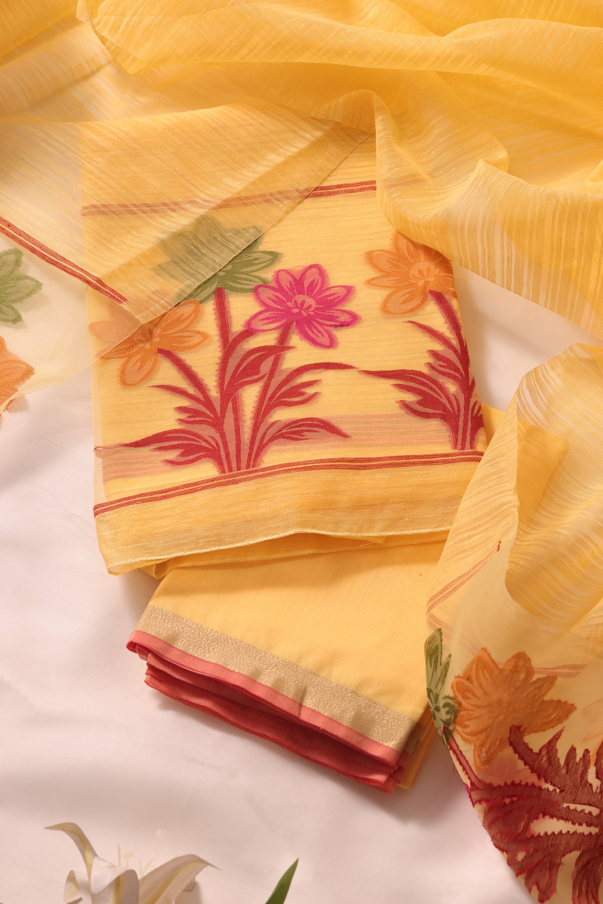 Floris Yellow Muga Silk Unstitched Suit Set