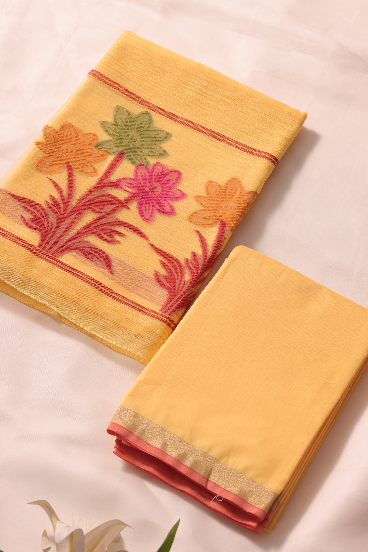 Floris Yellow Muga Silk Unstitched Suit Set