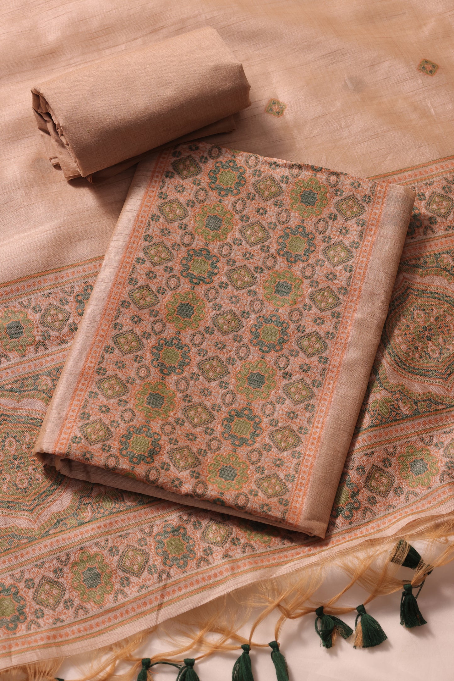 Elara Ajrakh Dark Green Tusser Silk Unstitched Suit Set