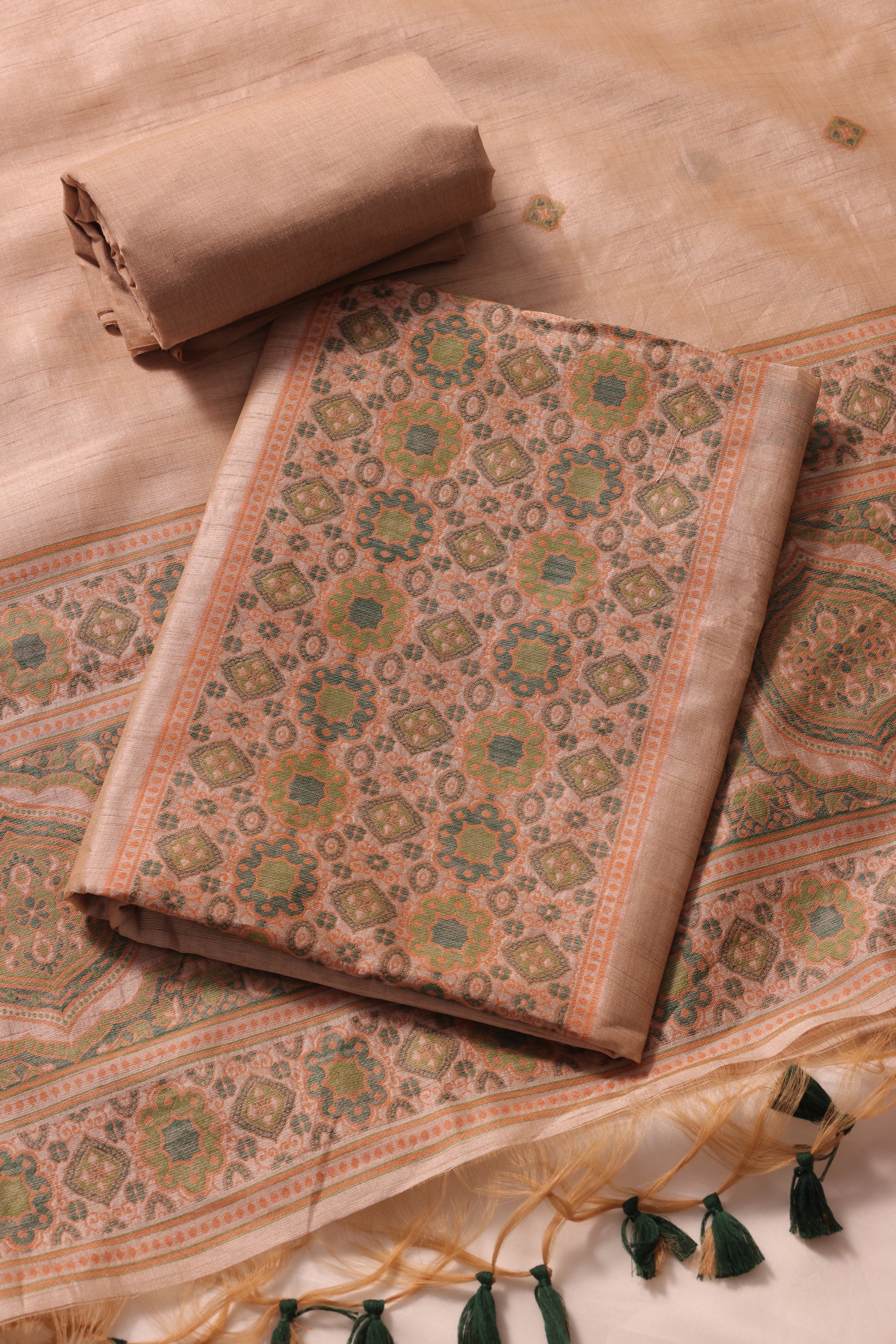 Elara Ajrakh Dark Green Tusser Silk Unstitched Suit Set