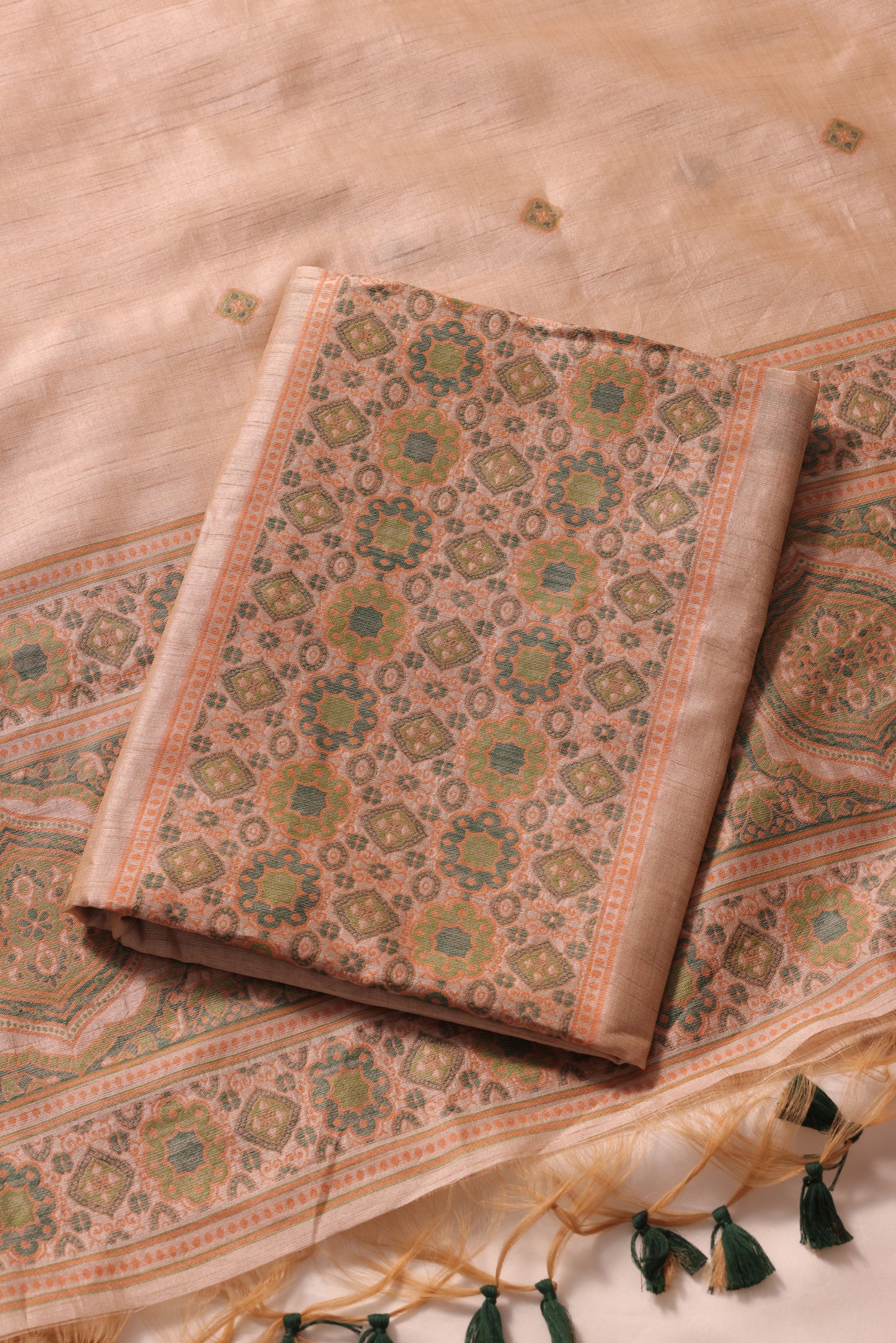 Elara Ajrakh Dark Green Tusser Silk Unstitched Suit Set