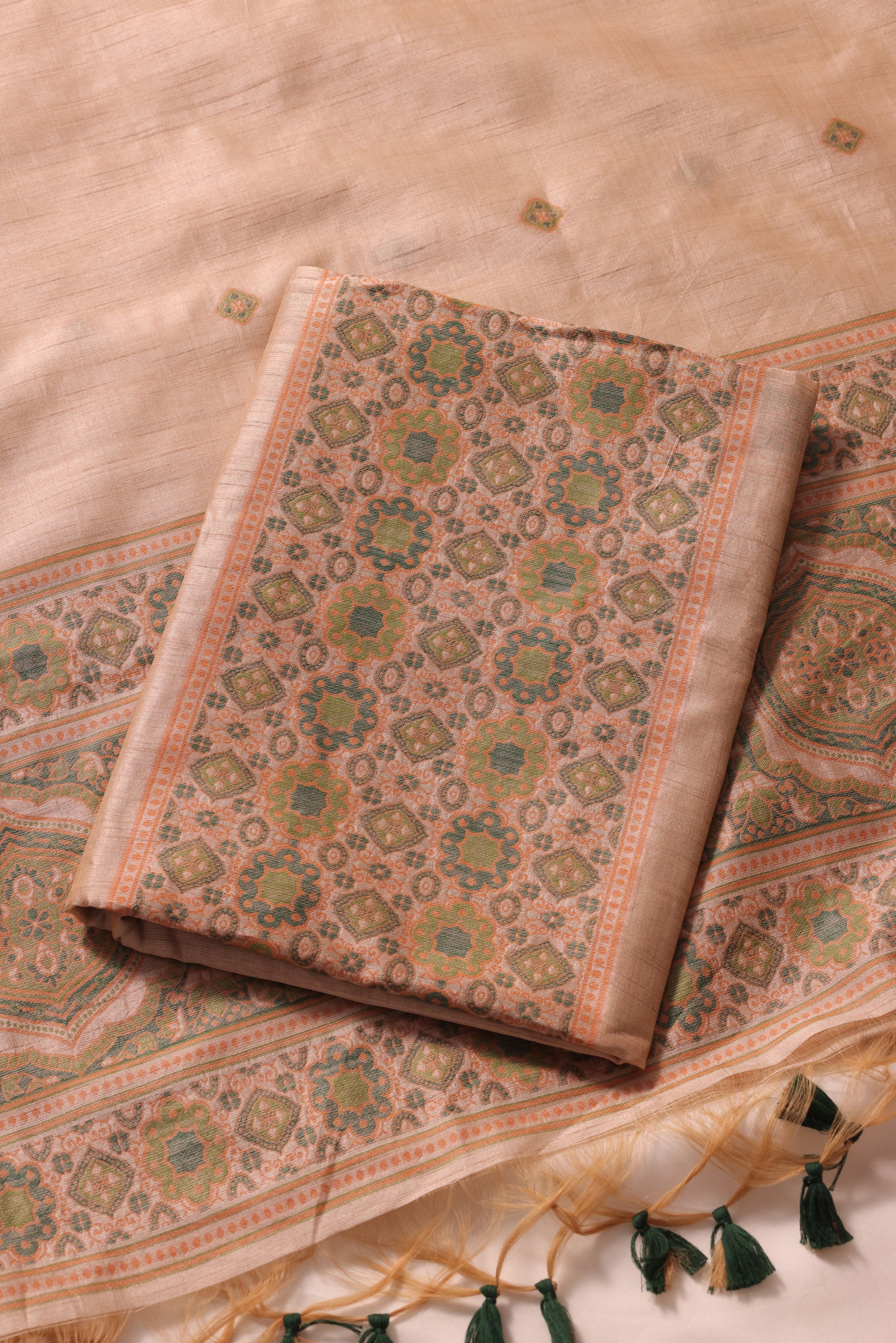 Elara Ajrakh Dark Green Tusser Silk Unstitched Suit Set
