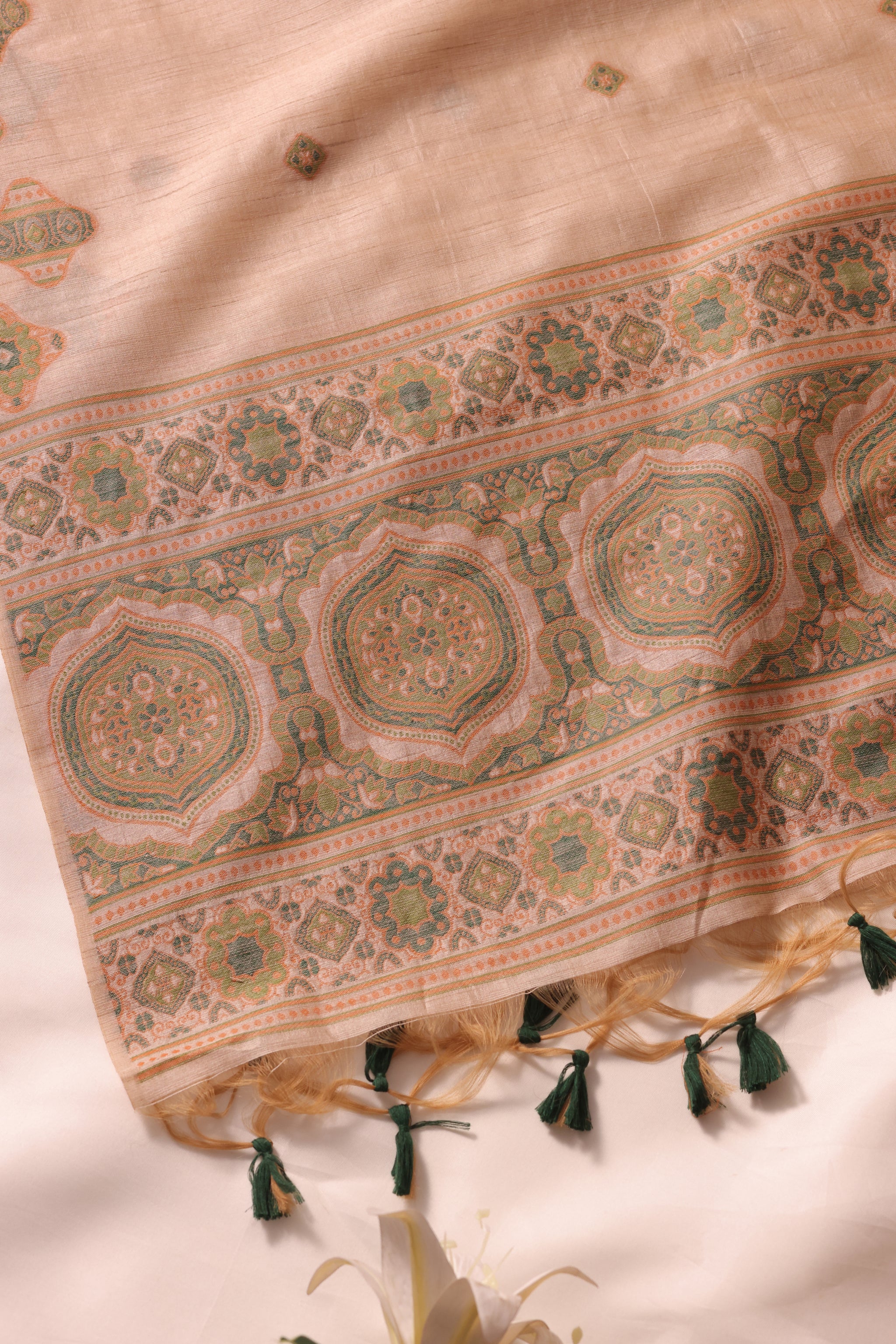Elara Ajrakh Dark Green Tusser Silk Unstitched Suit Set