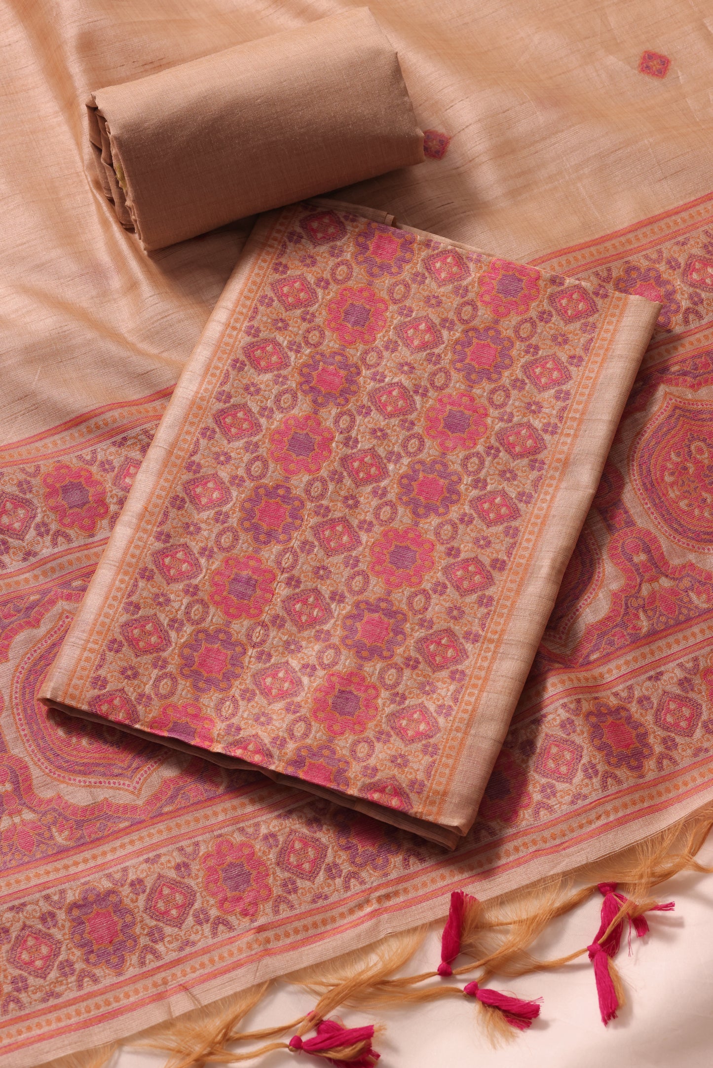 Elara Ajrakh Pink Tusser Silk Unstitched Suit Set