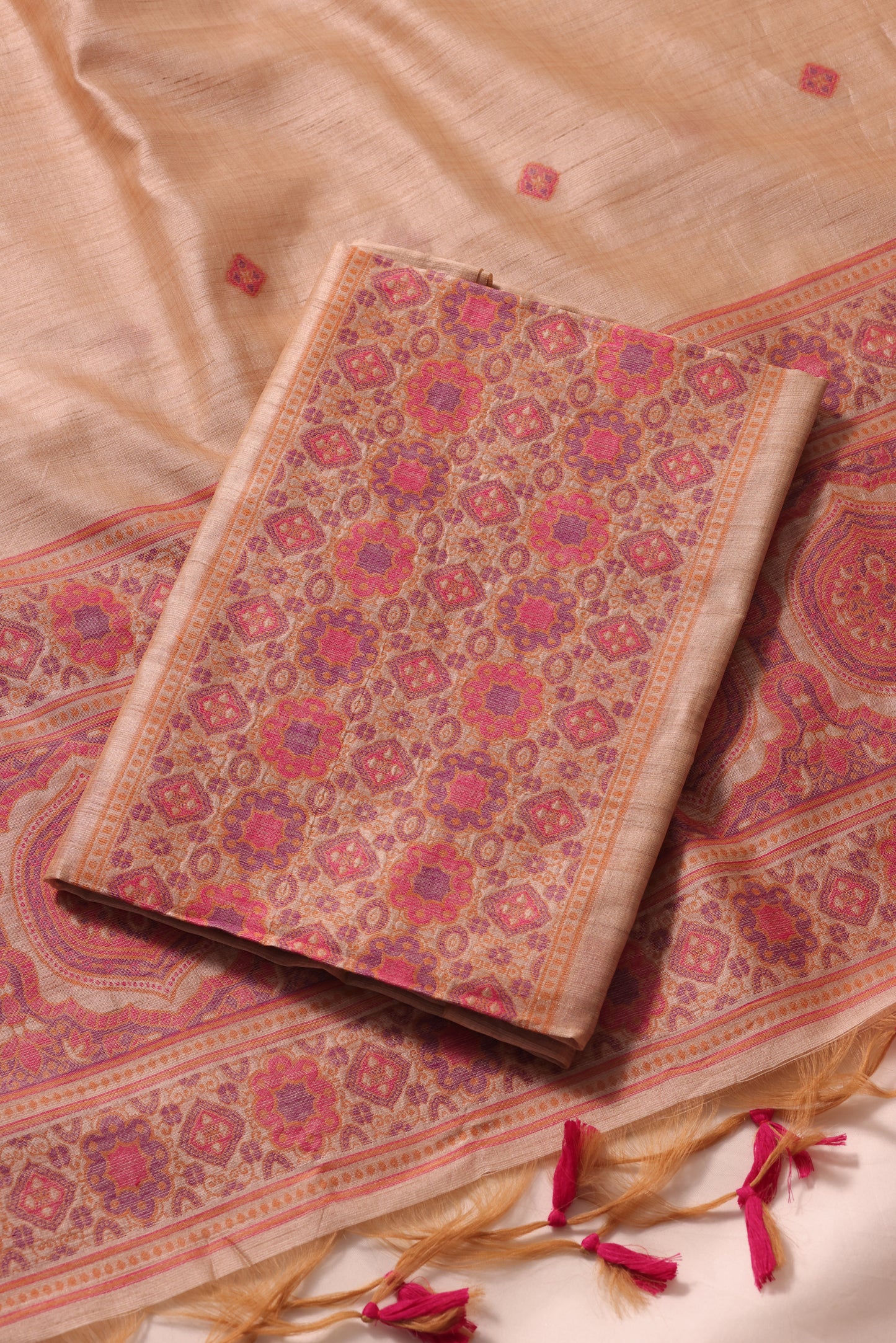 Elara Ajrakh Pink Tusser Silk Unstitched Suit Set