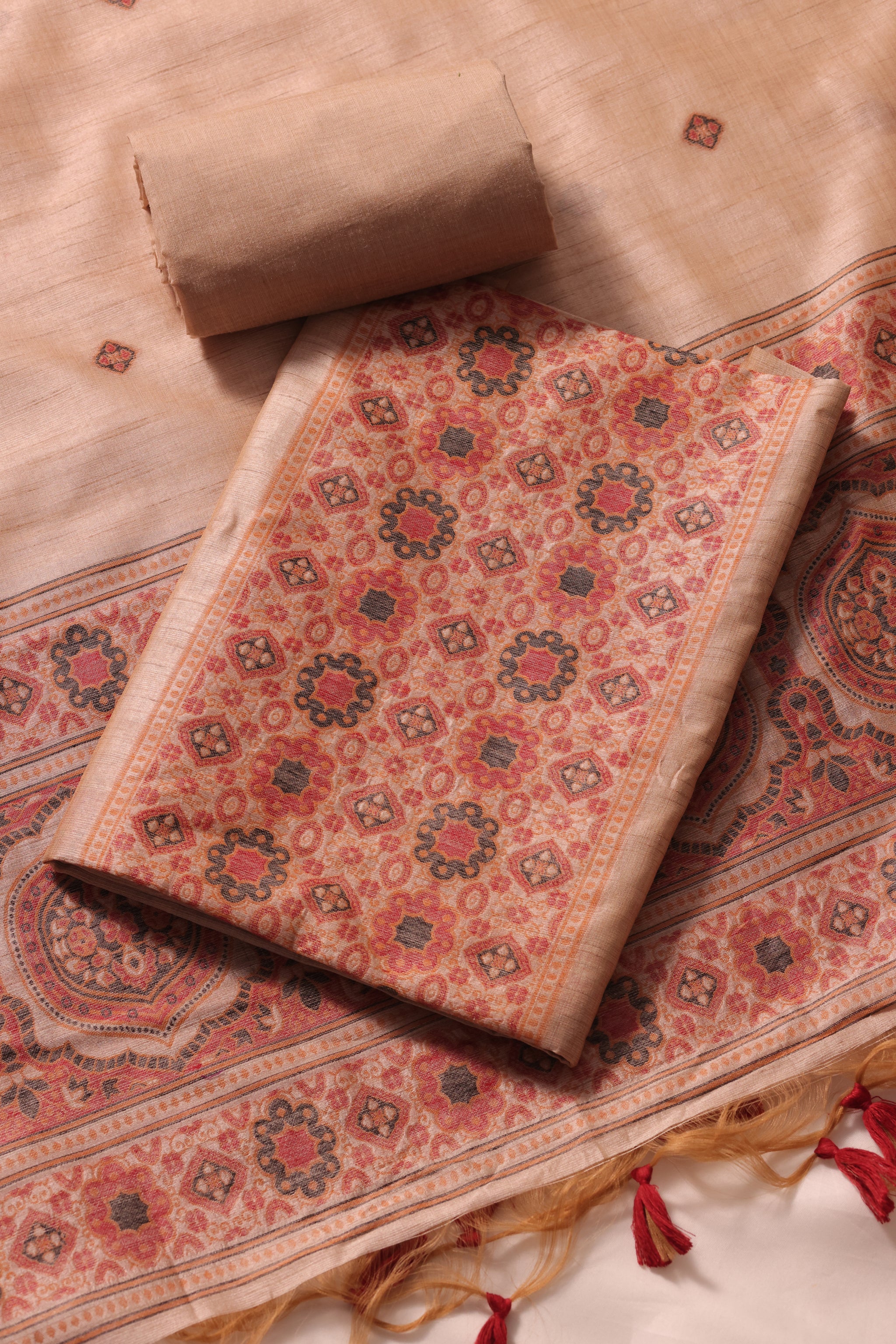 Elara Ajrakh Maroon Red Tusser Silk Unstitched Suit Set