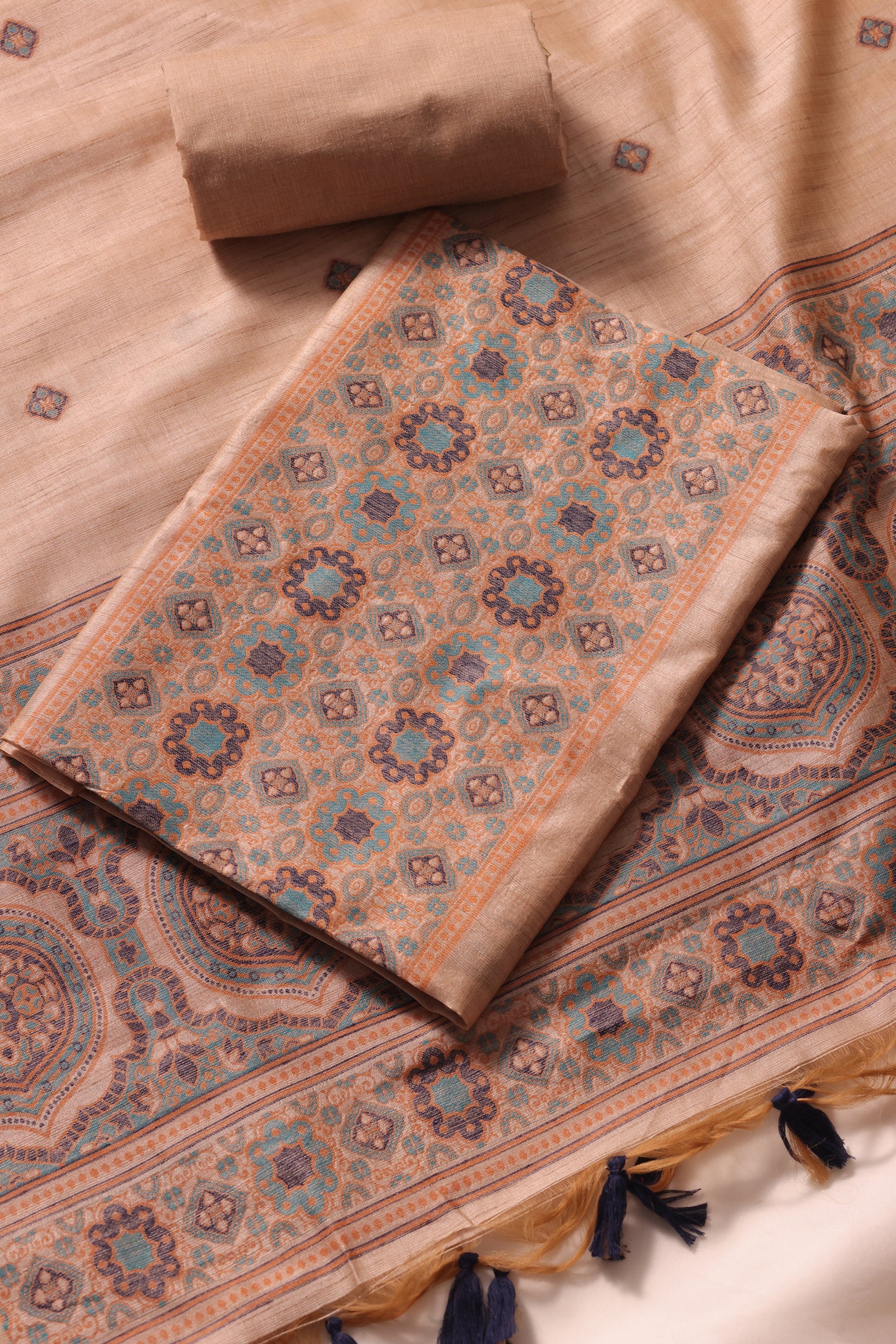 Elara Ajrakh Blue Tusser Silk Unstitched Suit Set