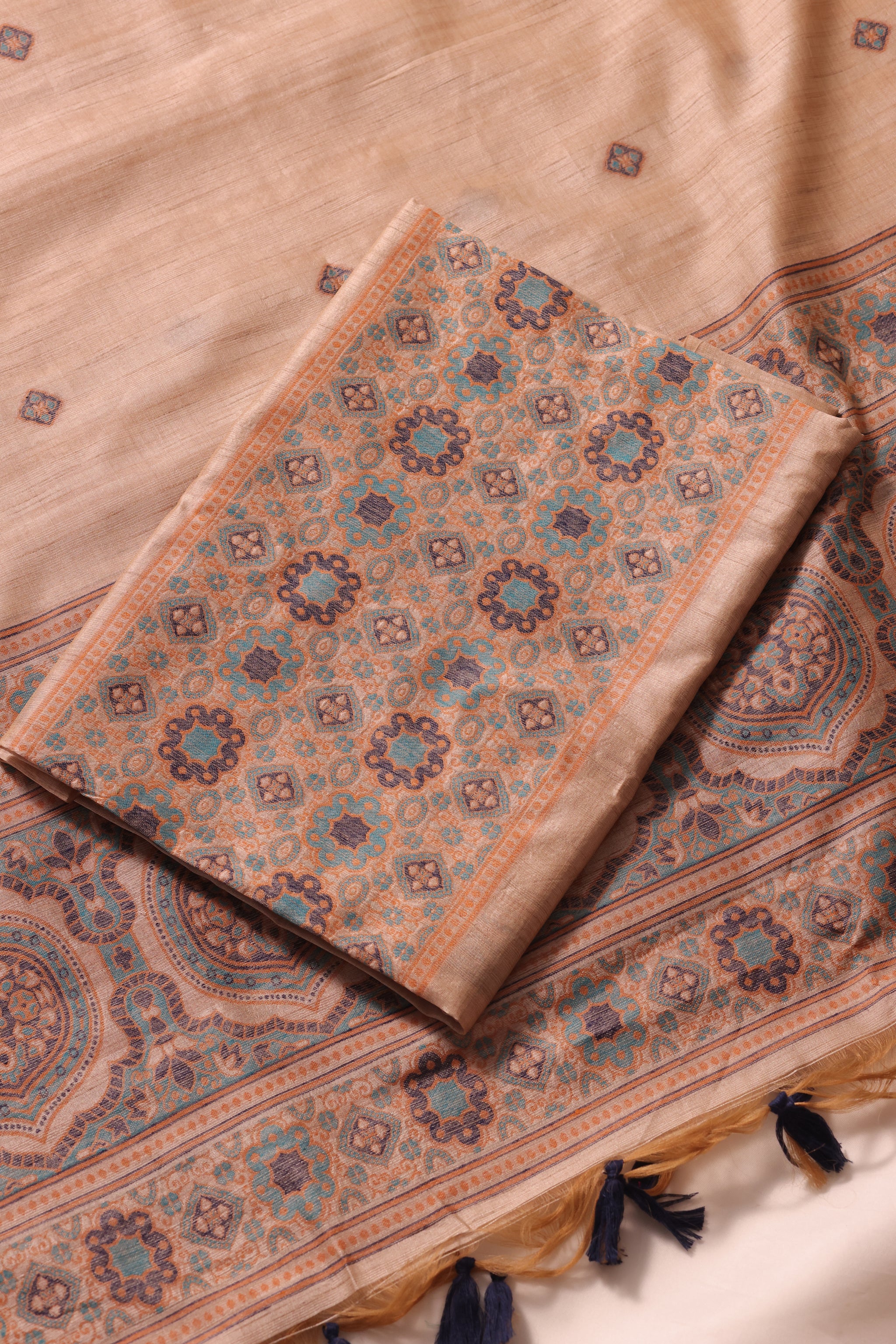 Elara Ajrakh Blue Tusser Silk Unstitched Suit Set