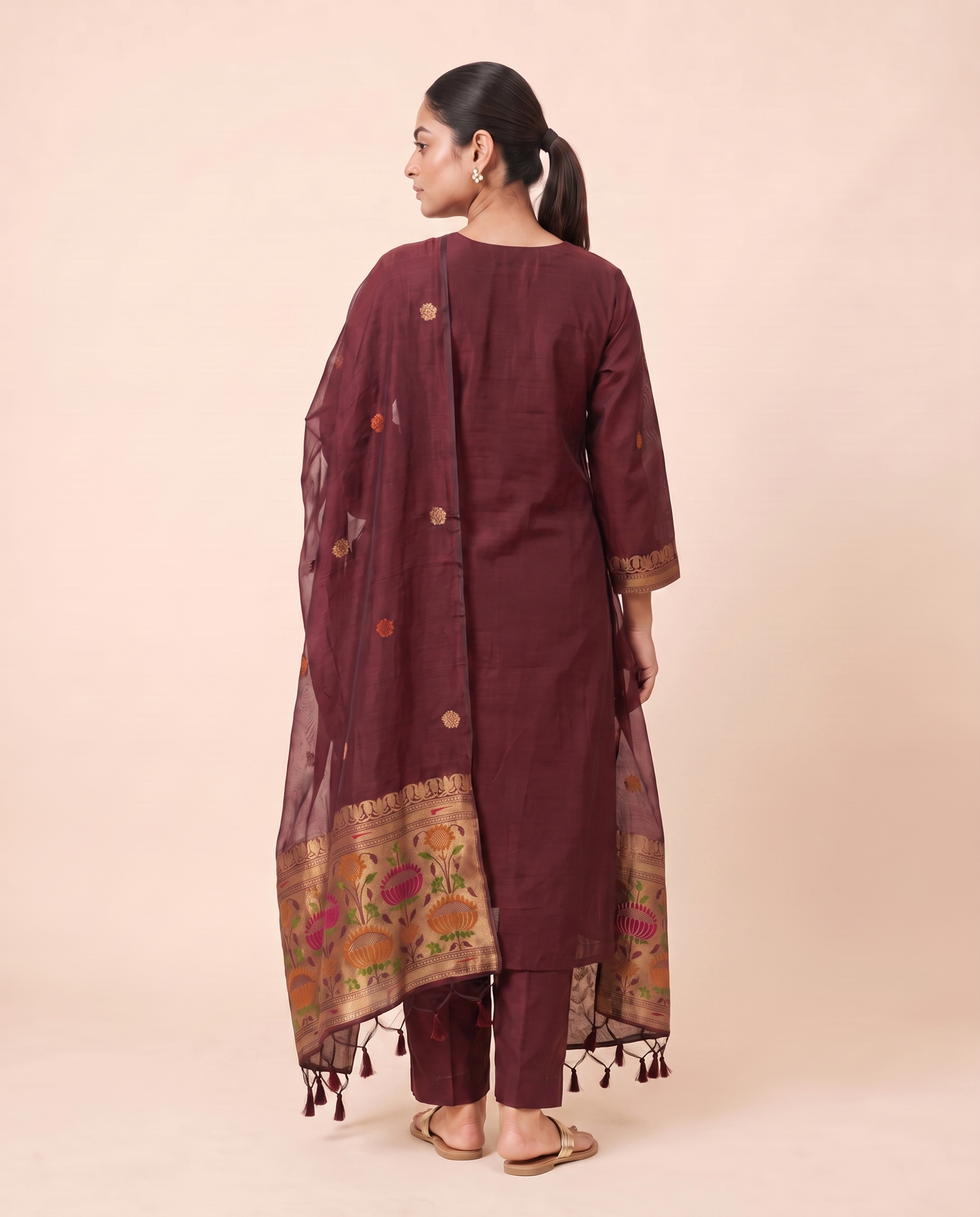 Regal Bloom Maroon Muga Cotton Stitched Suit Set