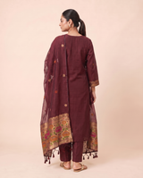 Regal Bloom Maroon Muga Cotton Stitched Suit Set