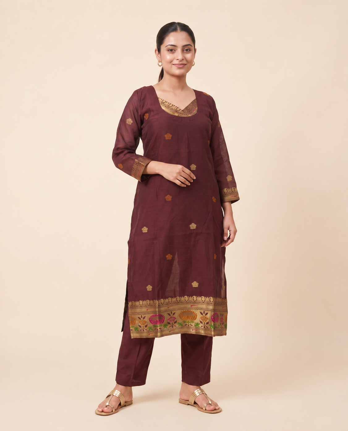 Regal Bloom Maroon Muga Cotton Stitched Suit Set