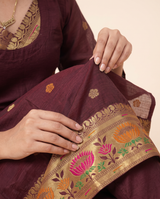 Regal Bloom Maroon Muga Cotton Stitched Suit Set