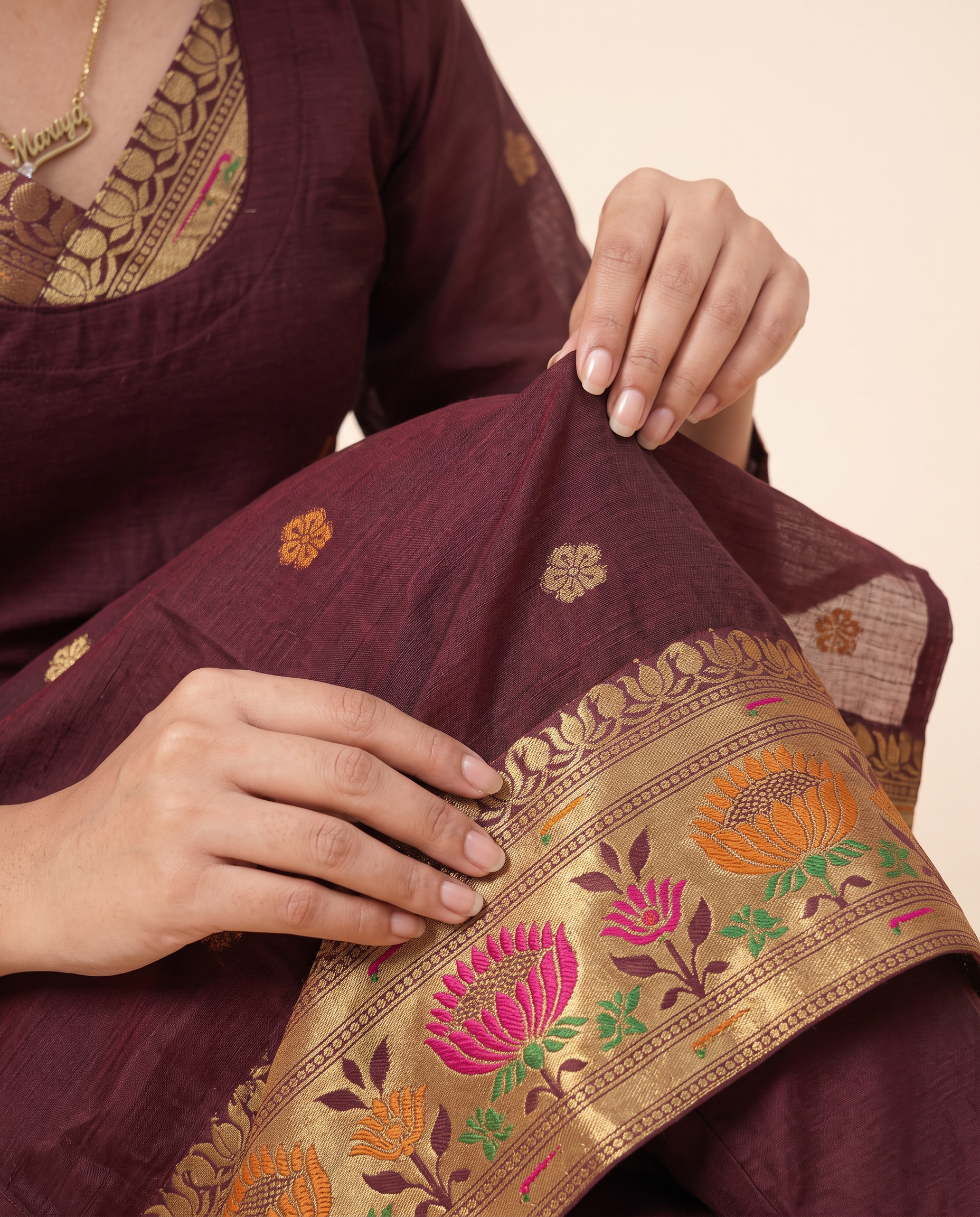Regal Bloom Maroon Muga Cotton Stitched Suit Set
