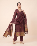 Regal Bloom Maroon Muga Cotton Stitched Suit Set