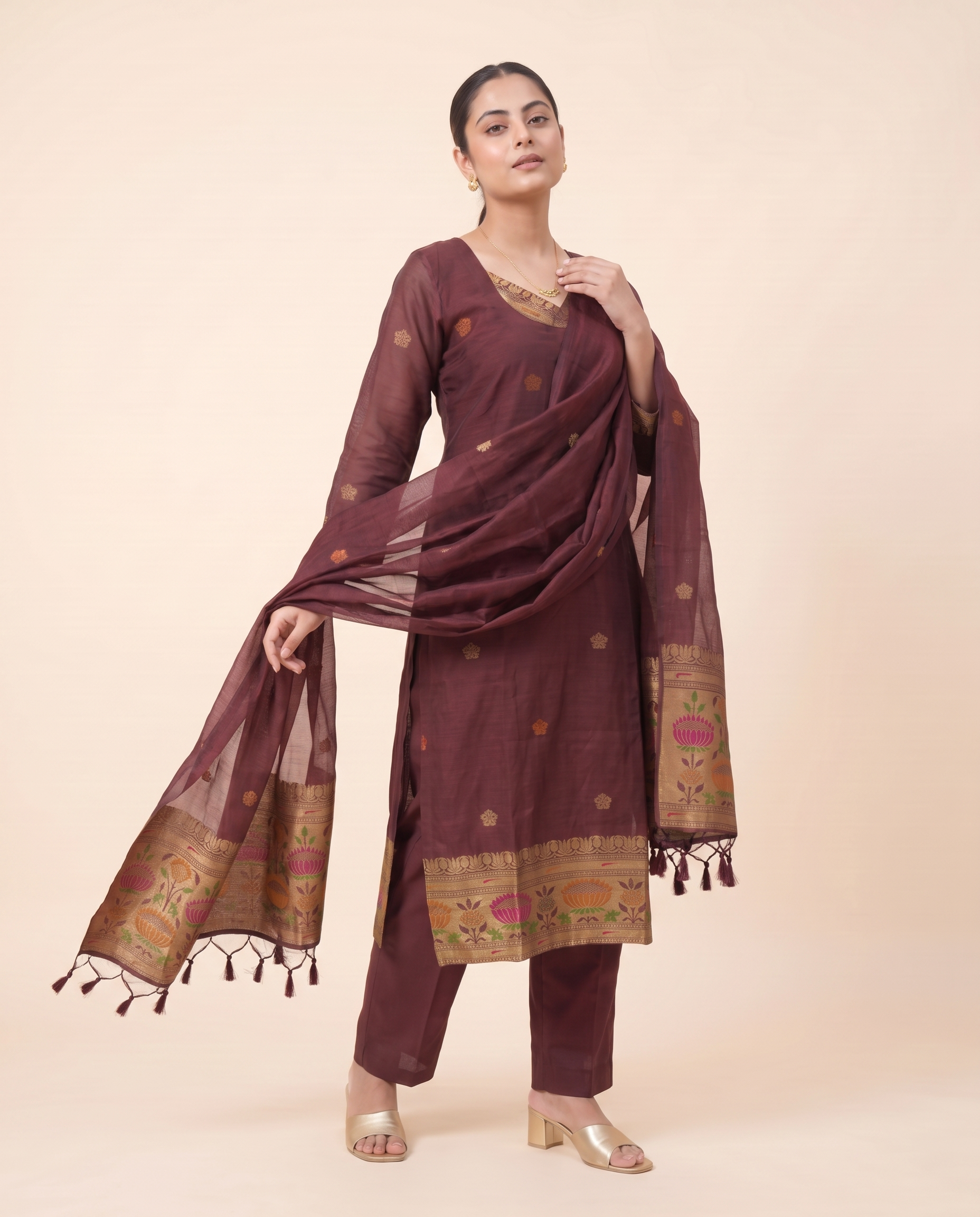 Regal Bloom Maroon Muga Cotton Stitched Suit Set