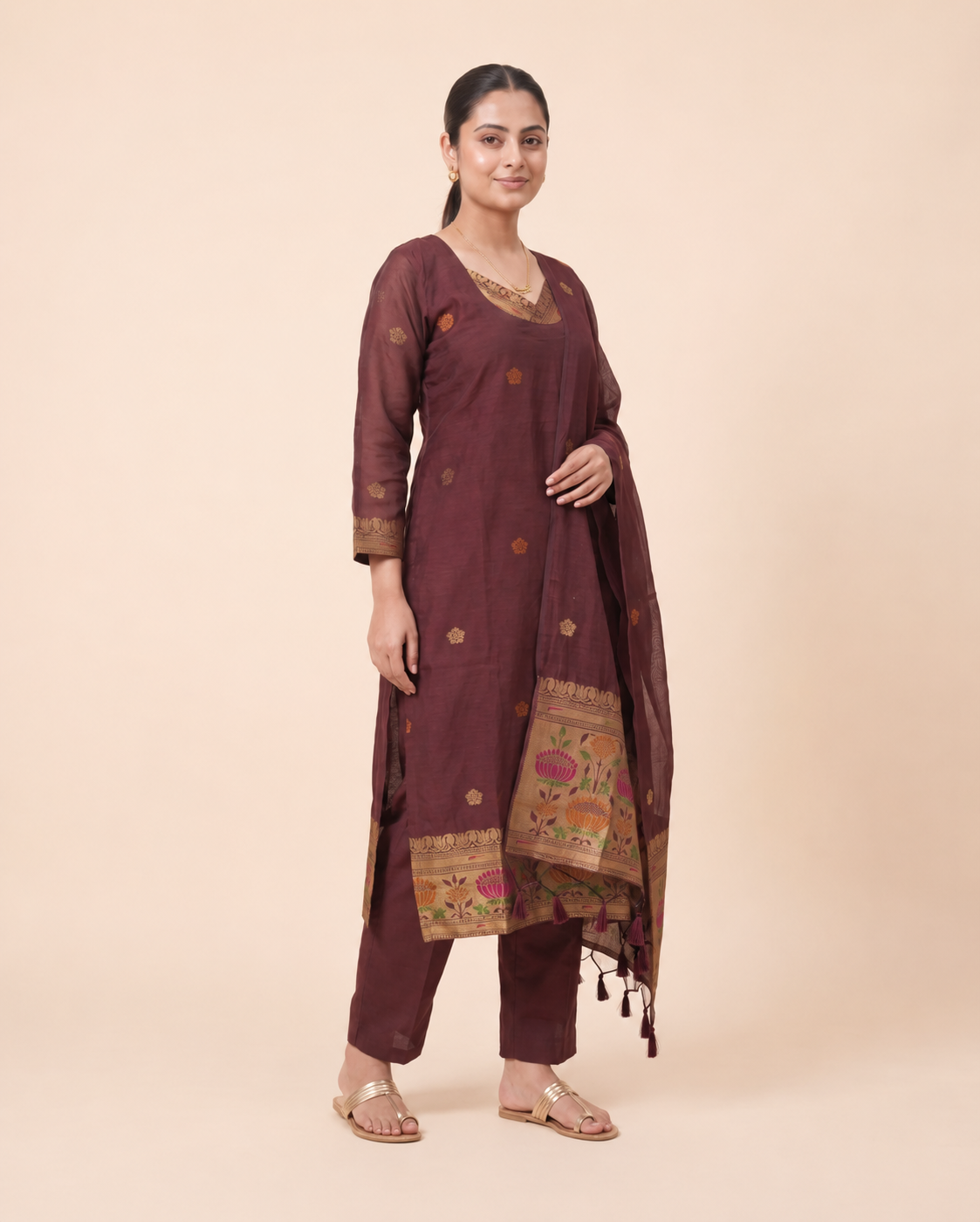 Regal Bloom Maroon Muga Cotton Stitched Suit Set