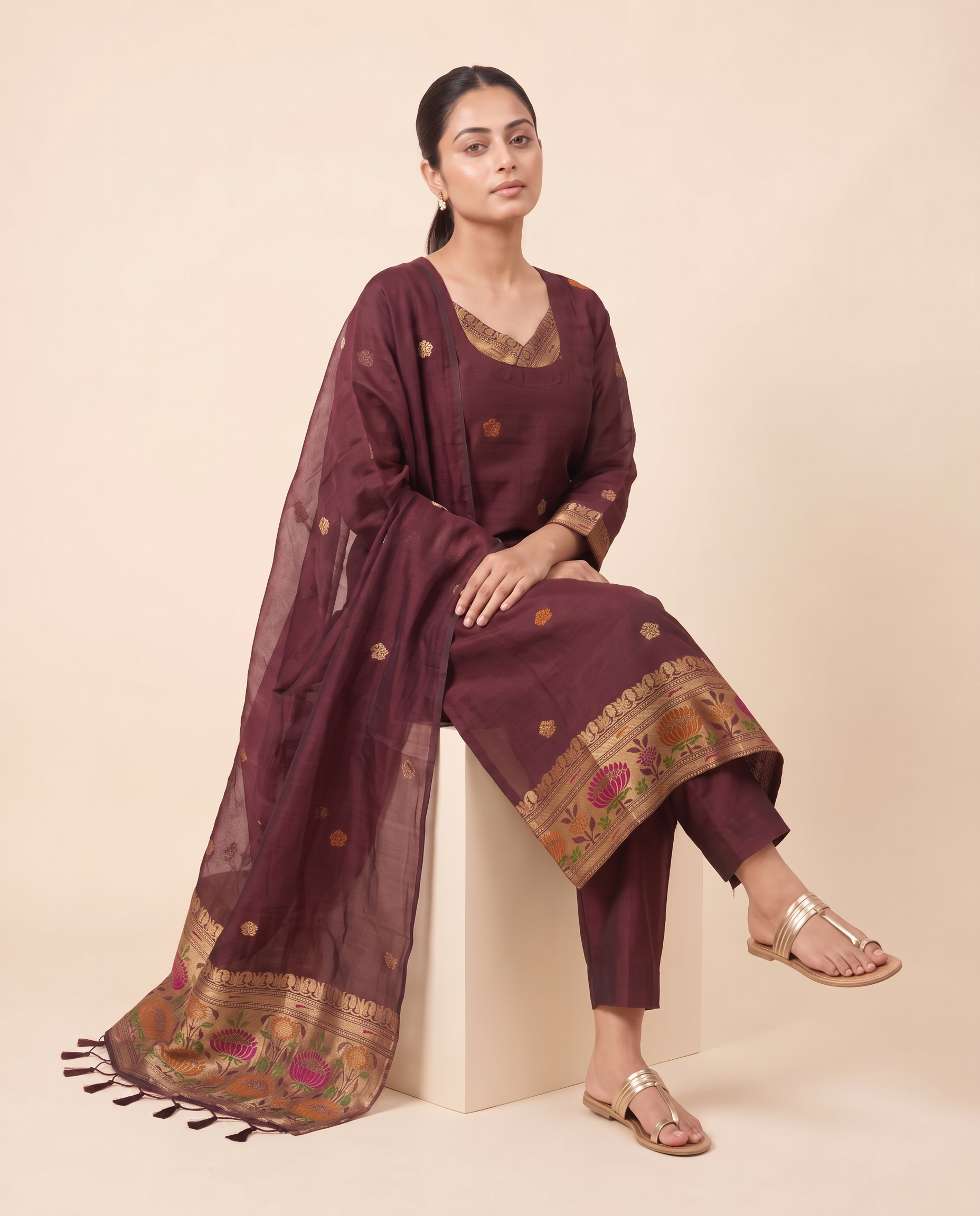 Regal Bloom Maroon Muga Cotton Stitched Suit Set