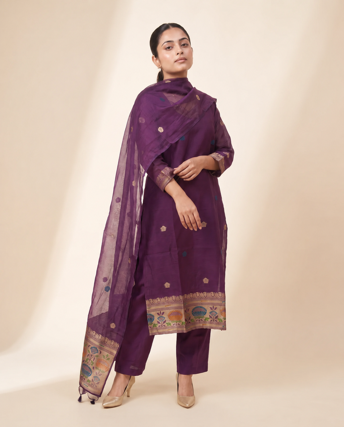 Regal Bloom Wine Muga Cotton Stitched Suit Set