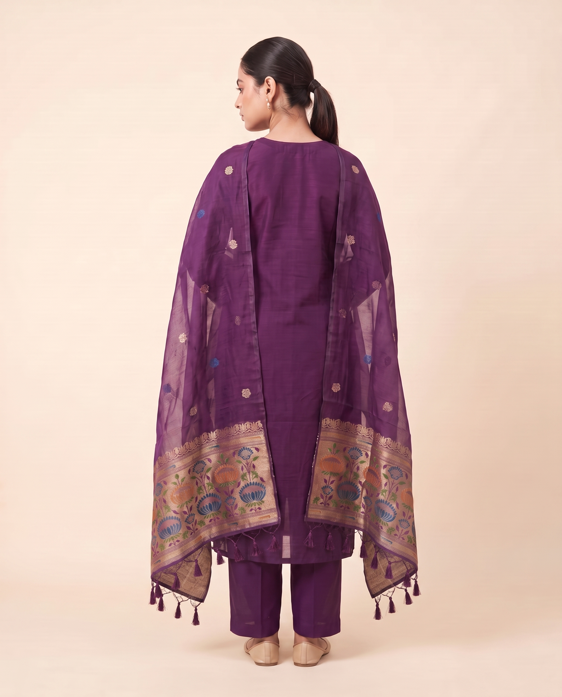Regal Bloom Wine Muga Cotton Stitched Suit Set