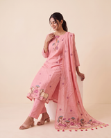 Rose Mist Pink Muga Cotton Stitched Suit Sets