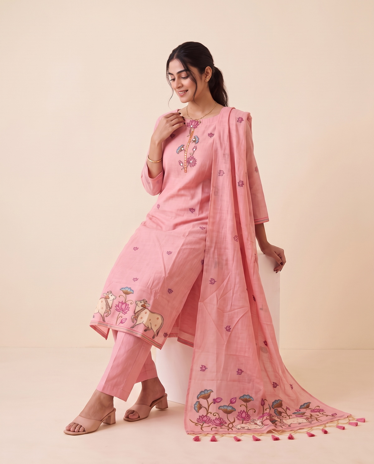 Rose Mist Pink Muga Cotton Stitched Suit Sets
