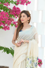 Sunflower Beige & Blue Mul Cotton Jamdani Saree