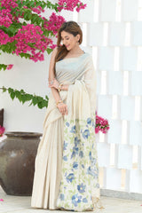 Sunflower Beige & Blue Mul Cotton Jamdani Saree