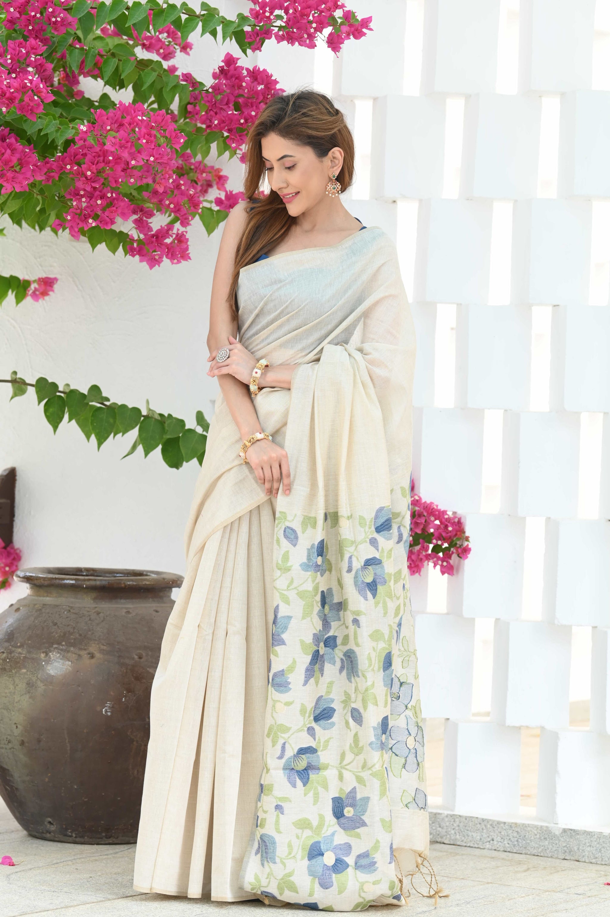 Sunflower Beige & Blue Mul Cotton Jamdani Saree