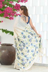Sunflower Beige & Blue Mul Cotton Jamdani Saree