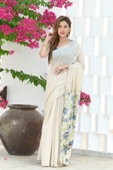 Sunflower Beige & Blue Mul Cotton Jamdani Saree