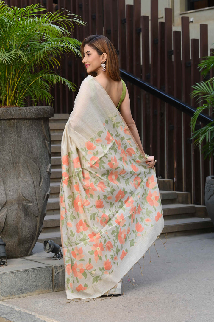 Sunflower Beige & Peach Pure Cotton Jamdani Saree