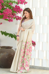 Sunflower Beige & Pink Mul Cotton Jamdani Saree