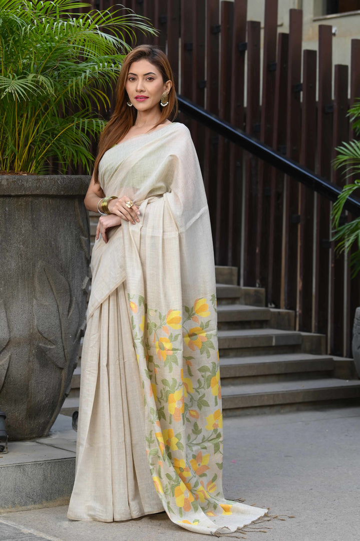 Sunflower Beige & Yellow Pure Cotton Jamdani Saree