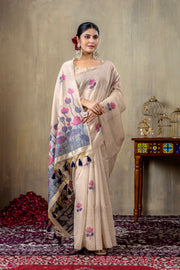 Taapsi Beige Jamdani Mul Cotton Woven Saree