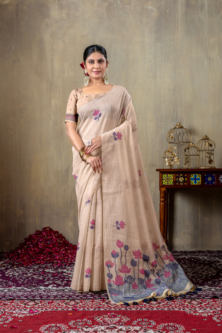 Taapsi Beige Jamdani Mul Cotton Woven Saree