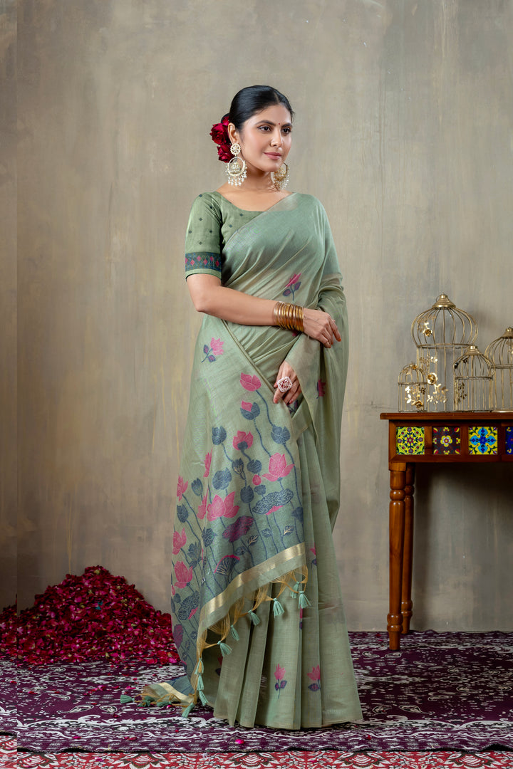 Taapsi Green Jamdani Mul Cotton Woven Saree