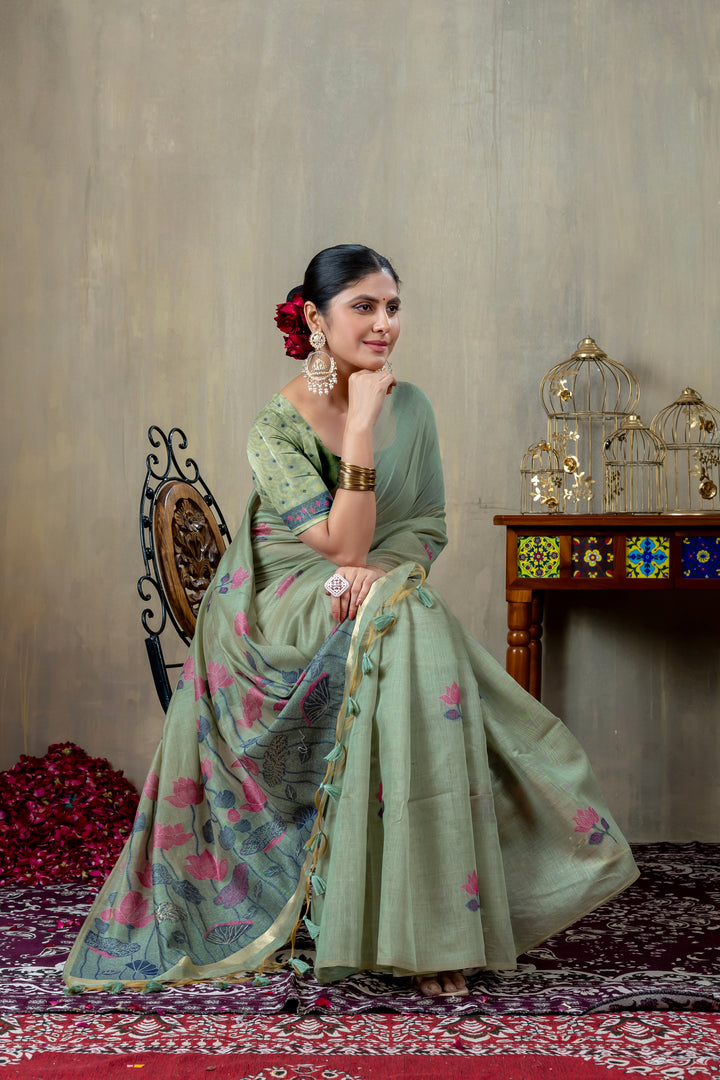 Taapsi Green Jamdani Mul Cotton Woven Saree