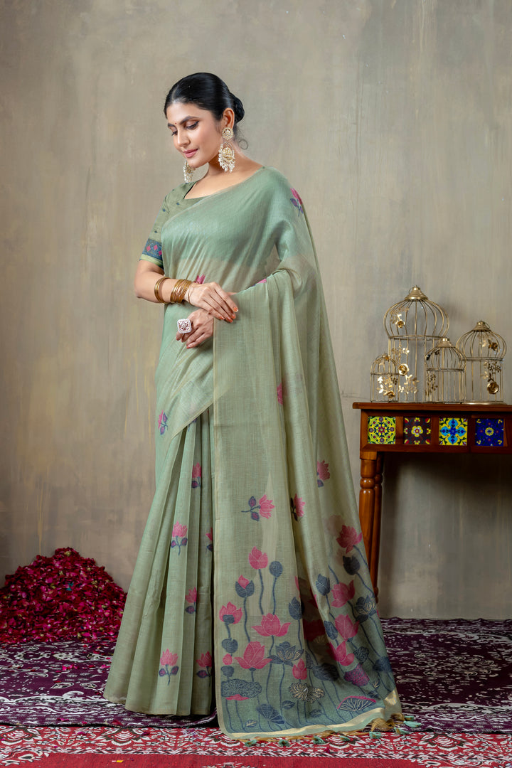 Taapsi Green Jamdani Mul Cotton Woven Saree