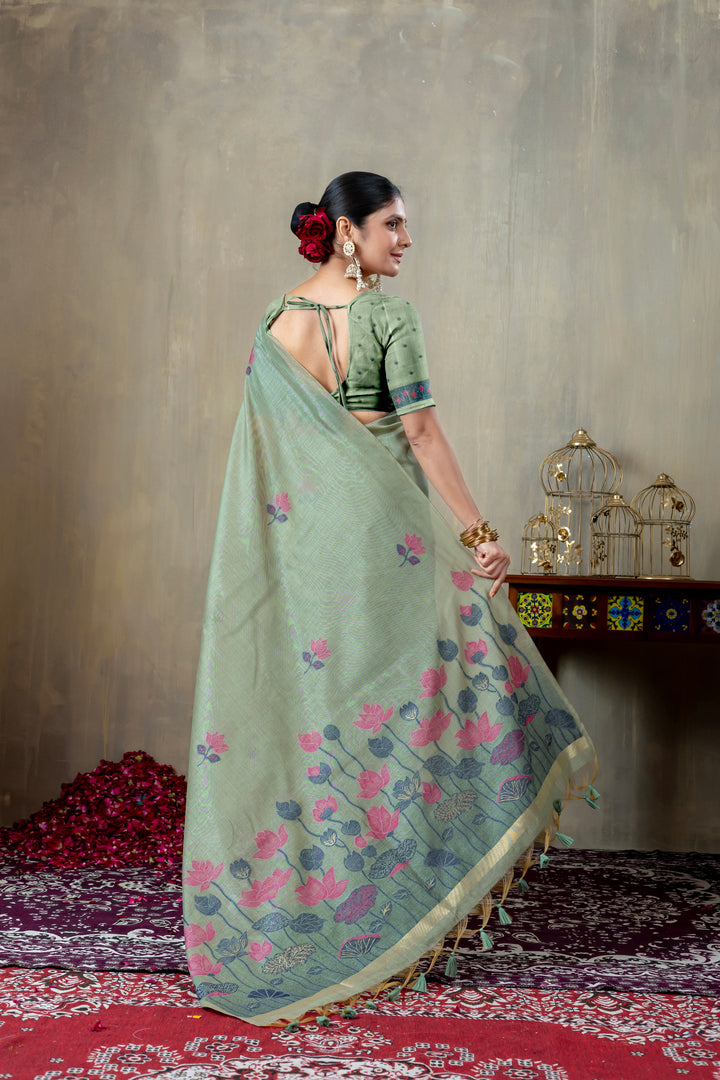 Taapsi Green Jamdani Mul Cotton Woven Saree