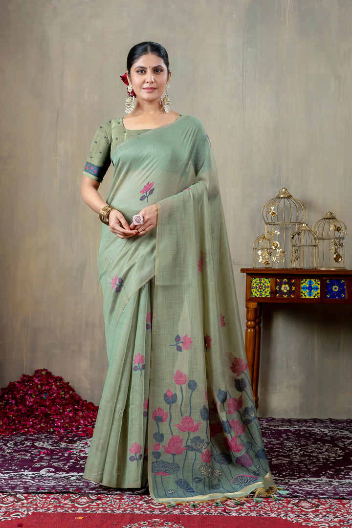 Taapsi Green Jamdani Mul Cotton Woven Saree