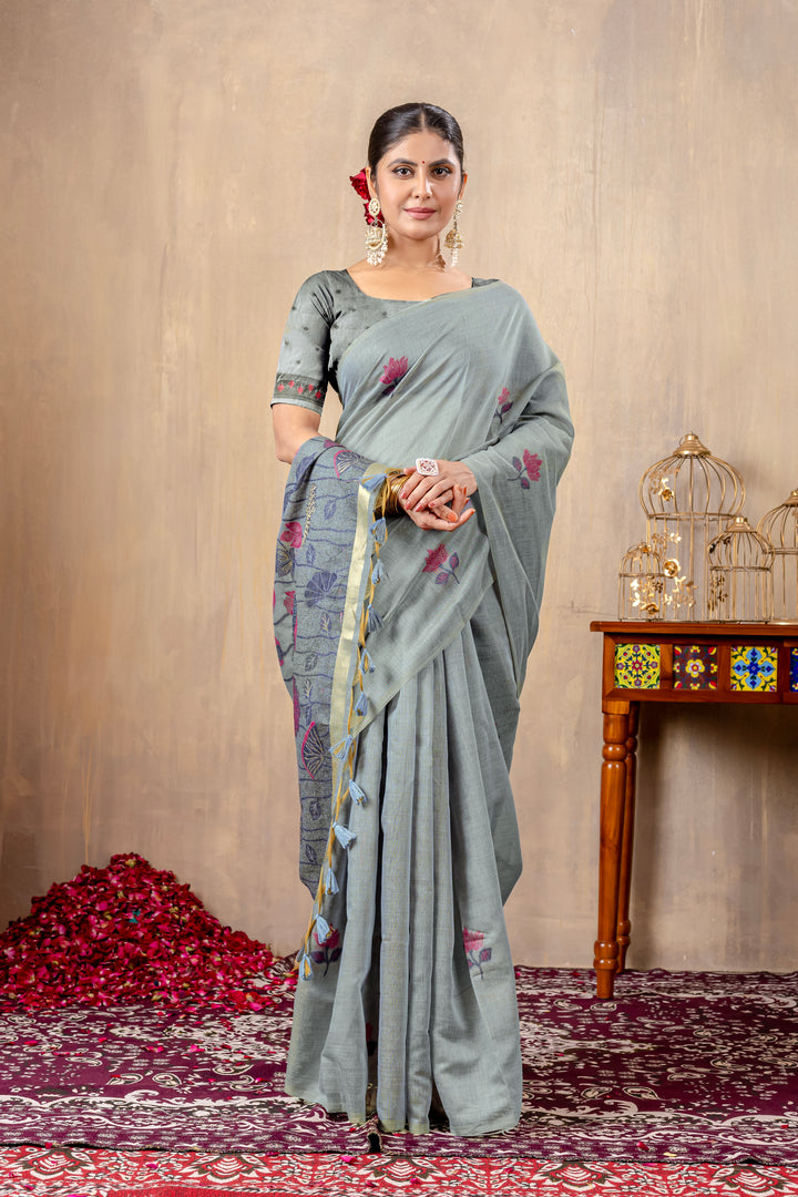 Taapsi Grey Jamdani Mul Cotton Woven Saree