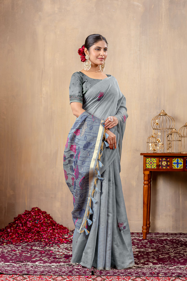 Taapsi Grey Jamdani Mul Cotton Woven Saree